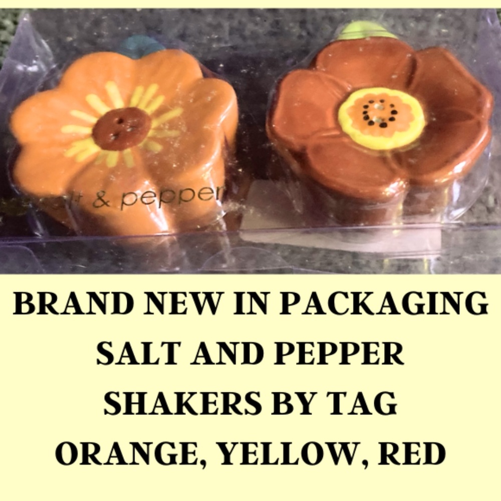 PANSY SALT AND PEPPER SHAKERS - PANSY FLOWERS - RED, ORANGE, YELLOW - UNUSED